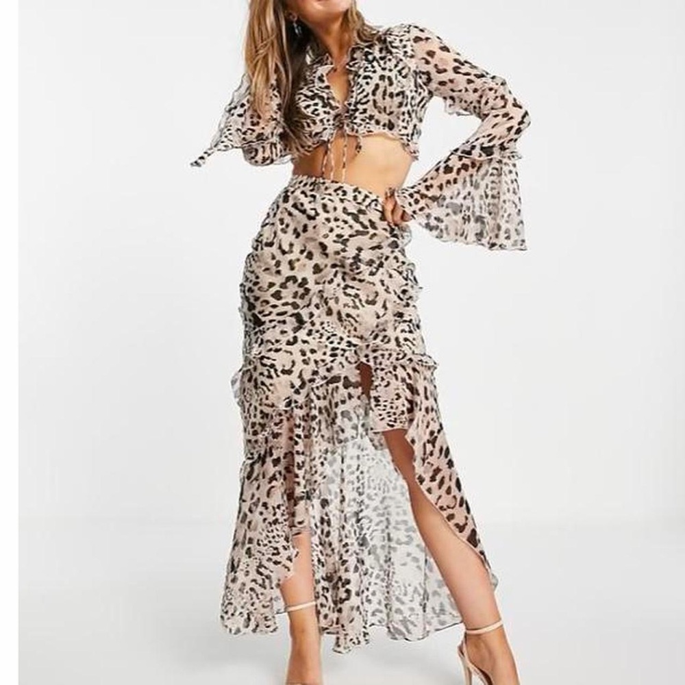 ASOS Design Ruffle Detail Leopard Print Midi Skirt & Long Sleeve Top Set Size 4